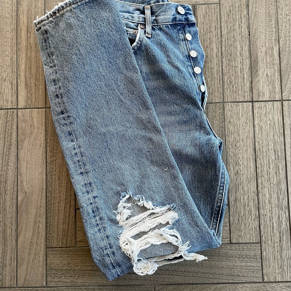 Agolde Blue Distressed Button-Fly Jeans